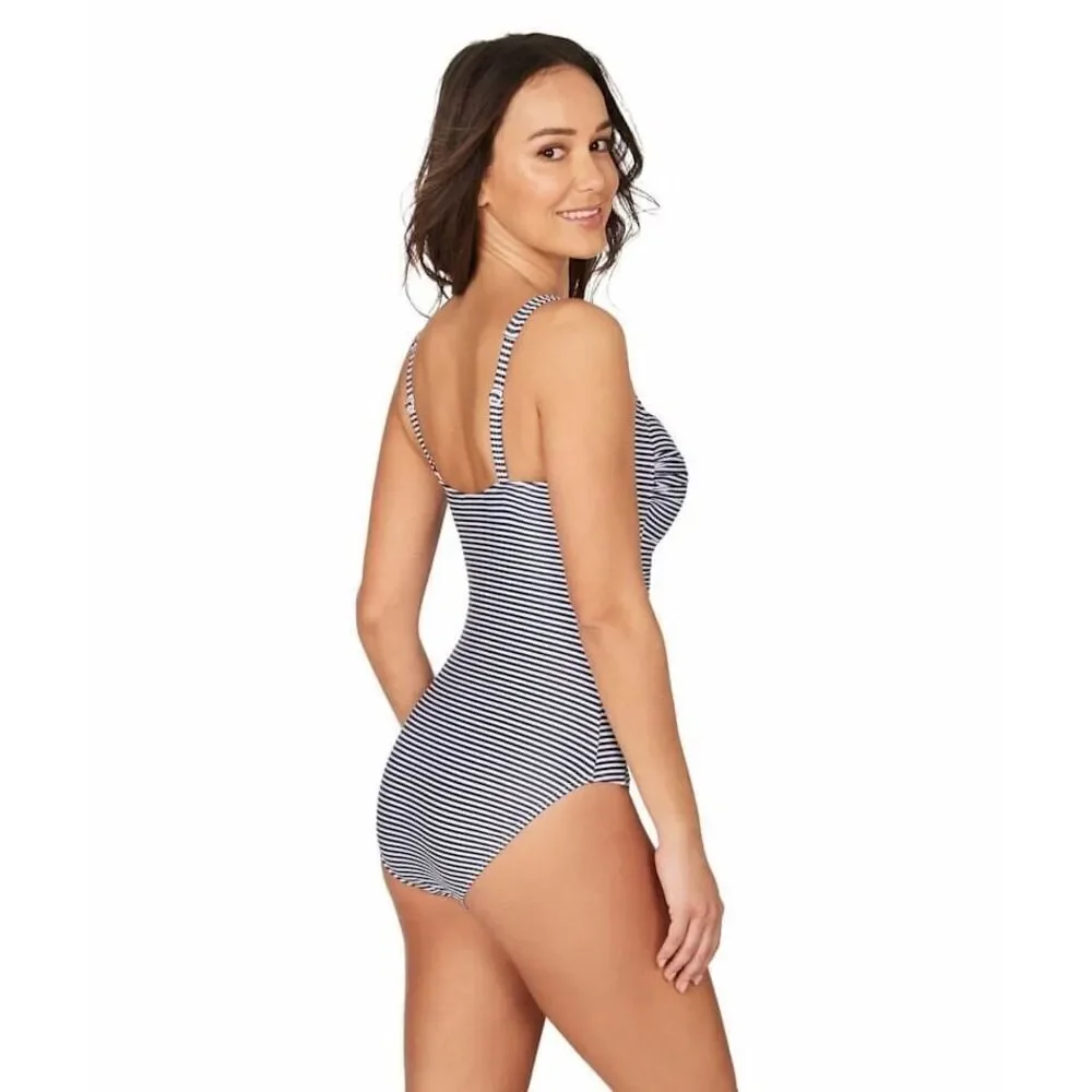 Niptuck Women's 10 Twist Front One Piece Swimsuit Blue Sorrento Stripe Nautical